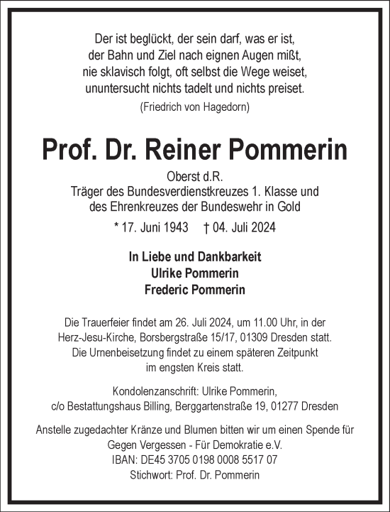 Traueranzeige von Reiner Pommerin von Frankfurter Allgemeine Zeitung