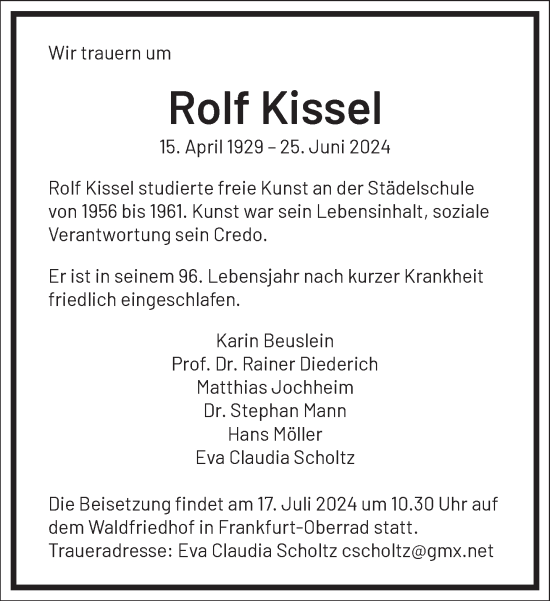 Traueranzeige von Rolf Kissel von Frankfurter Allgemeine Zeitung
