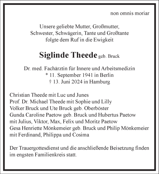 Traueranzeige von Sieglinde Theede von Frankfurter Allgemeine Zeitung