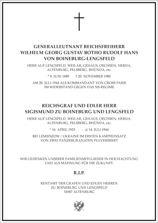 Traueranzeige von Reichsfreiherr Wilhelm Georg Gustav Botho Rudolf Hans  von Boineburg-Lengsfeld von Frankfurter Allgemeine Zeitung