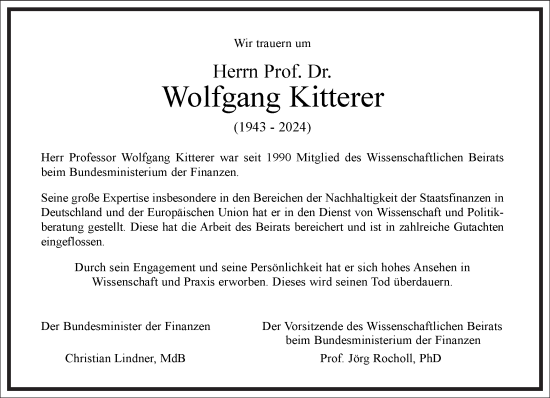 Traueranzeige von Wolfgang Kitterer von Frankfurter Allgemeine Zeitung