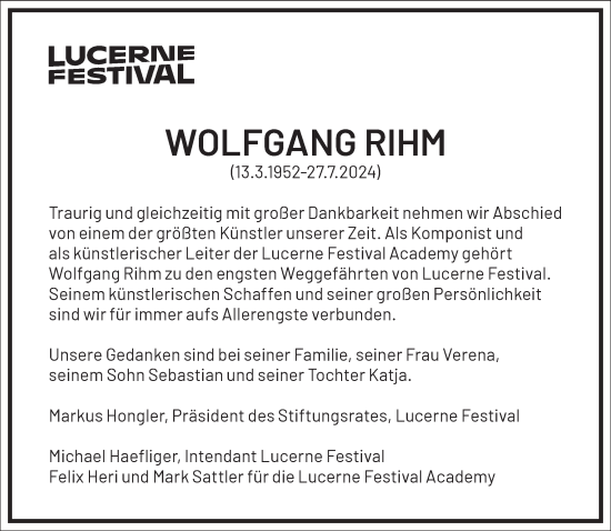 Traueranzeige von Wolfgang Rihm von Frankfurter Allgemeine Zeitung