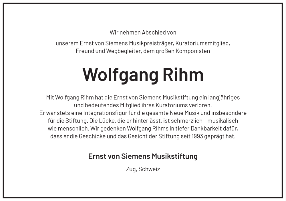  Traueranzeige für Wolfgang Rihm vom 31.07.2024 aus Frankfurter Allgemeine Zeitung