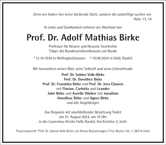 Traueranzeige von Adolf Mathias Birke von Frankfurter Allgemeine Zeitung