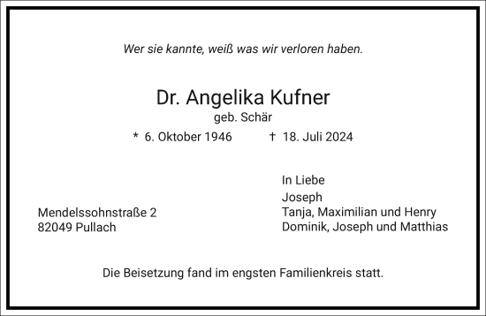 Traueranzeige von Angelika Kufner von Frankfurter Allgemeine Zeitung