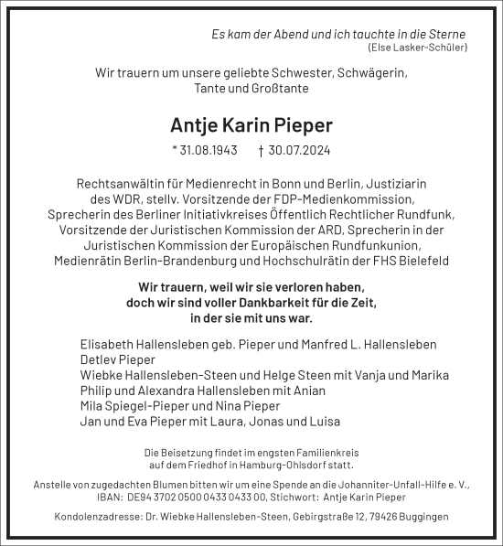 Traueranzeige von Antje Karin Pieper von Frankfurter Allgemeine Zeitung