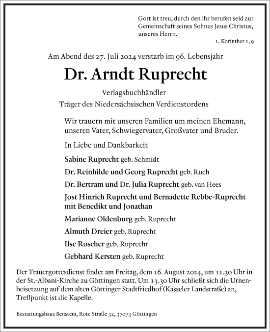 Traueranzeige von Arndt Ruprecht von Frankfurter Allgemeine Zeitung