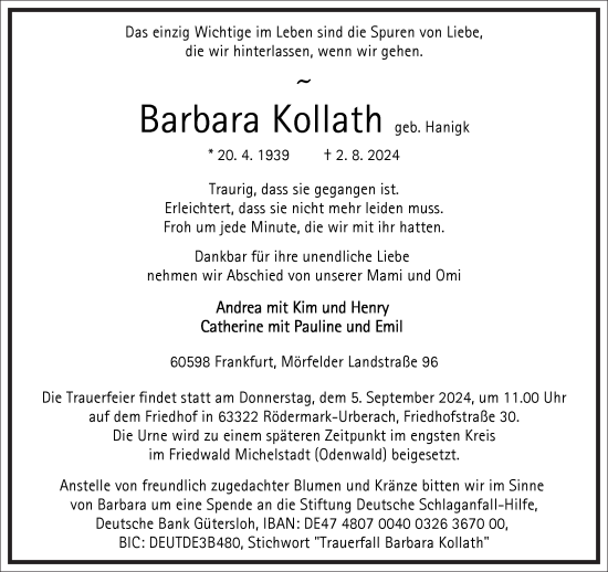 Traueranzeige von Barbara Kollath von Frankfurter Allgemeine Zeitung