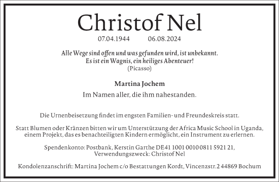 Traueranzeige von Christof Nel von Frankfurter Allgemeine Zeitung