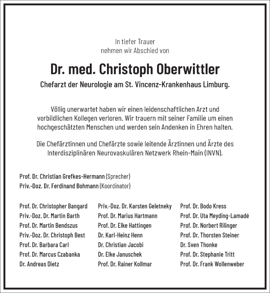 Traueranzeige von Christoph Oberwittler von Frankfurter Allgemeine Zeitung