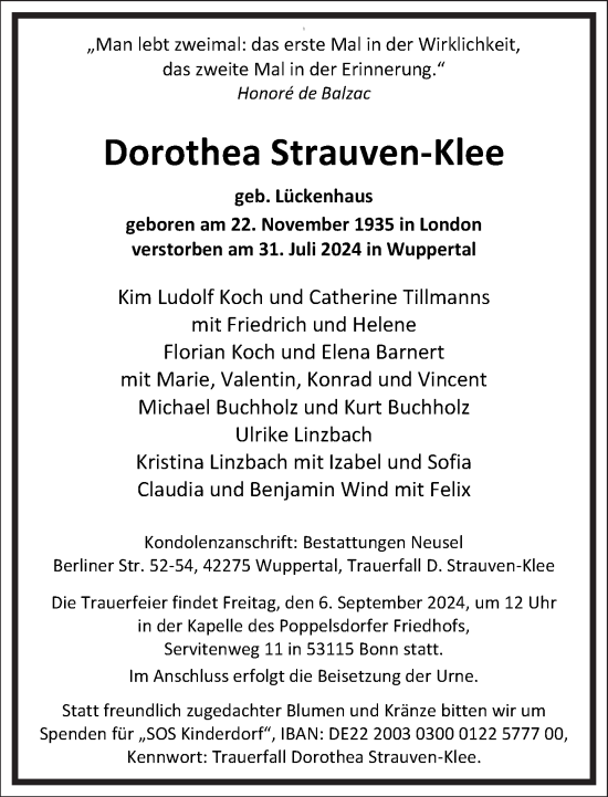 Traueranzeige von Dorothea Strauven-Klee von Frankfurter Allgemeine Zeitung