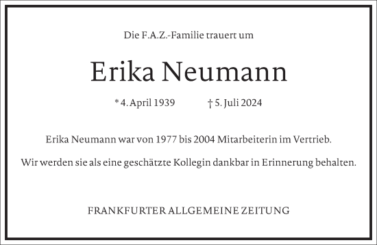 Traueranzeige von Erika Neumann von Frankfurter Allgemeine Zeitung