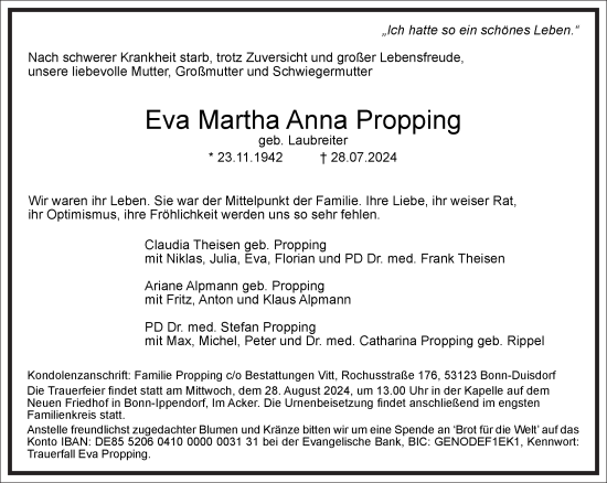 Traueranzeige von Eva Martha Anna Propping von Frankfurter Allgemeine Zeitung