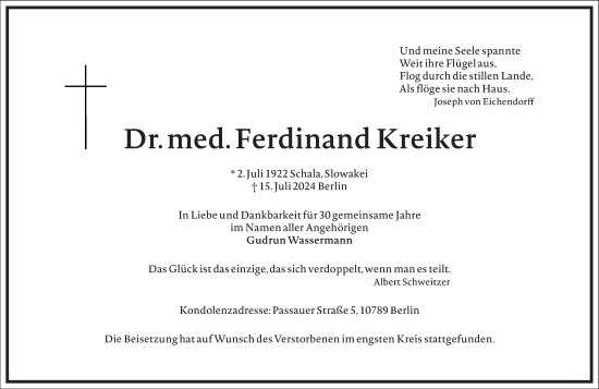 Traueranzeige von Ferdinand Kreiker von Frankfurter Allgemeine Zeitung