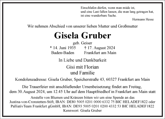 Traueranzeige von Gisela Gruber von Frankfurter Allgemeine Zeitung