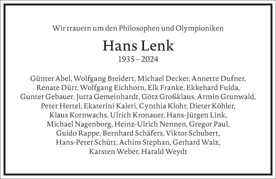 Traueranzeige von Hans Lenk von Frankfurter Allgemeine Zeitung