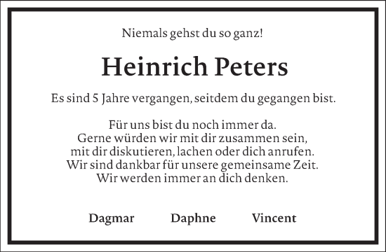 Traueranzeige von Heinrich Peters von Frankfurter Allgemeine Zeitung