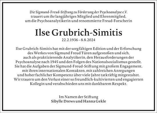 Traueranzeige von Ilse Grubrich-Simitis von Frankfurter Allgemeine Zeitung