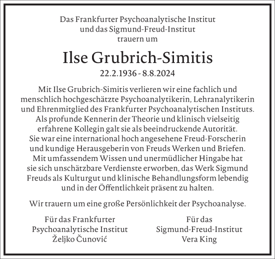 Traueranzeige von Ilse Grubrich-Simitis von Frankfurter Allgemeine Zeitung