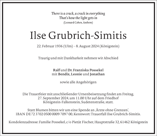 Traueranzeige von Ilse Grubrich-Simitis von Frankfurter Allgemeine Zeitung