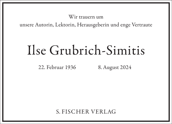 Traueranzeige von Ilse Grubrich-Simitis von Frankfurter Allgemeine Zeitung