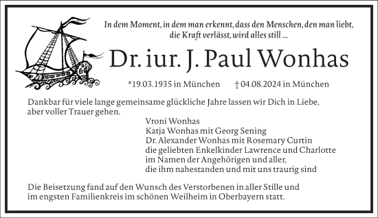 Traueranzeige von J.Paul Wonhas von Frankfurter Allgemeine Zeitung