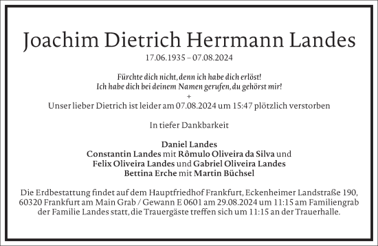 Traueranzeige von Joachim Dietrich Herrmann Landes von Frankfurter Allgemeine Zeitung