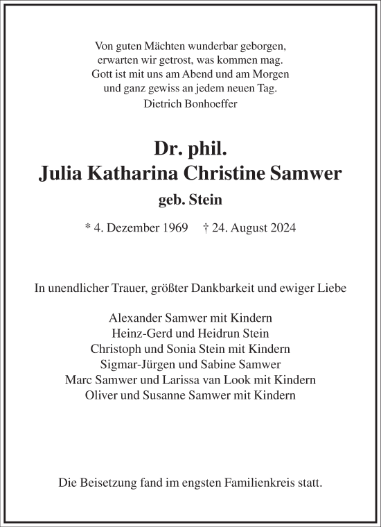 Traueranzeige von Julia Katharina Christine Samwer von Frankfurter Allgemeine Zeitung