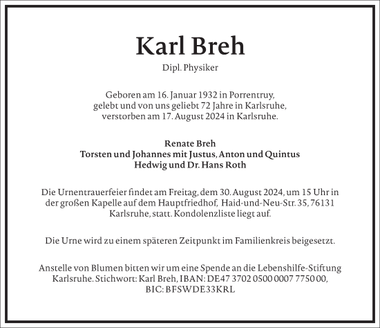 Traueranzeige von Karl Breh von Frankfurter Allgemeine Zeitung