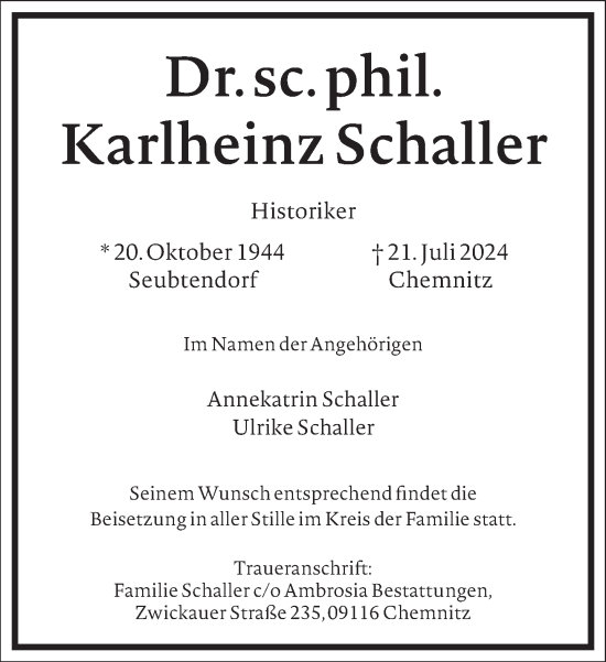 Traueranzeige von Karlheinz Schaller von Frankfurter Allgemeine Zeitung