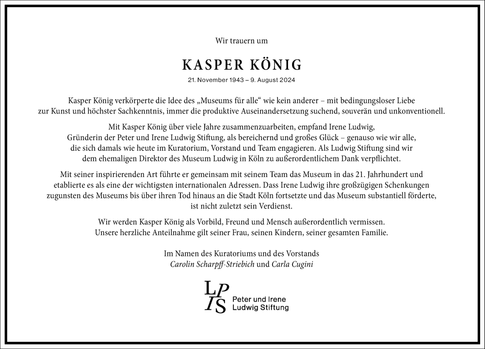  Traueranzeige für Kasper König vom 17.08.2024 aus Frankfurter Allgemeine Zeitung