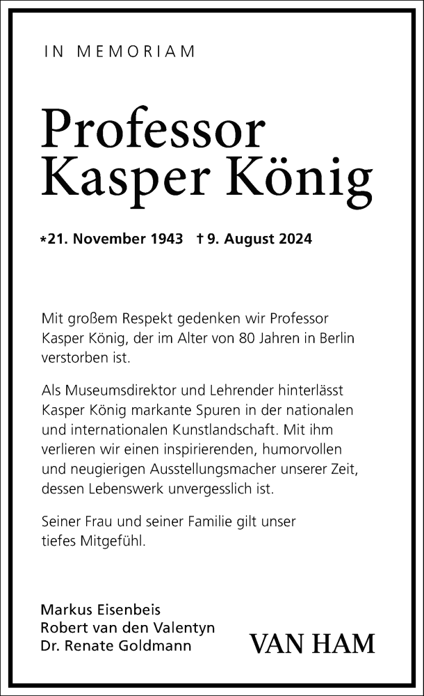  Traueranzeige für Kasper König vom 17.08.2024 aus Frankfurter Allgemeine Zeitung