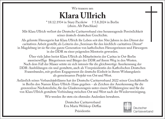 Traueranzeige von Klara Ullrich von Frankfurter Allgemeine Zeitung