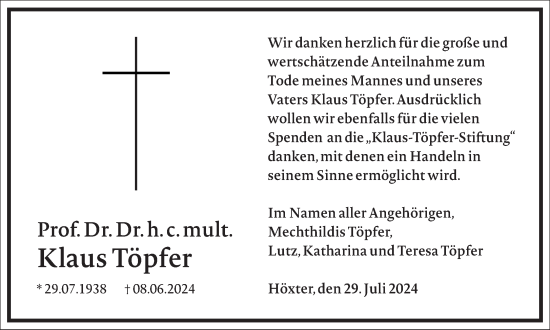 Traueranzeige von Klaus Töpfer von Frankfurter Allgemeine Zeitung