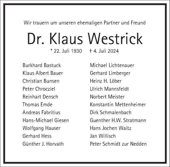 Traueranzeige von Klaus Westrick von Frankfurter Allgemeine Zeitung