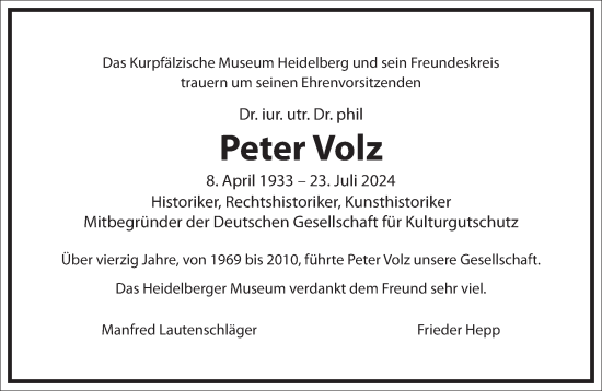 Traueranzeige von Peter Volz von Frankfurter Allgemeine Zeitung