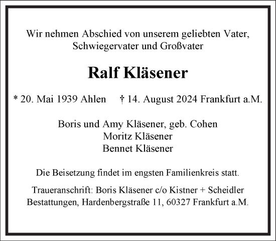 Traueranzeige von Ralf Kläsener von Frankfurter Allgemeine Zeitung