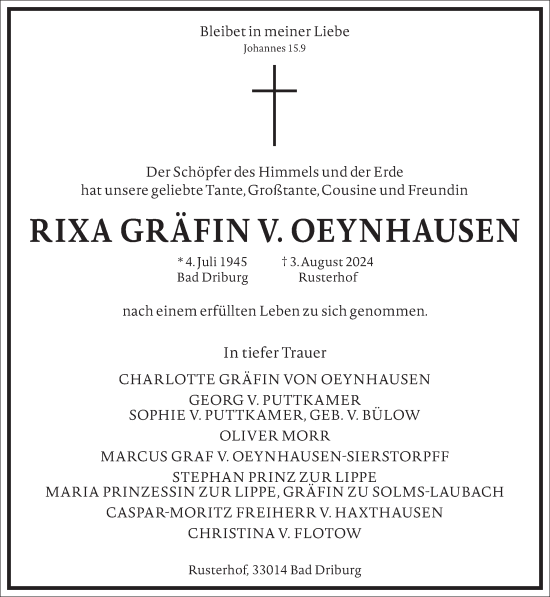 Traueranzeige von Rixa  Gräfin v.Oeynhausen von Frankfurter Allgemeine Zeitung