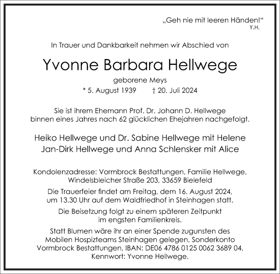 Traueranzeige von Yvonne Barbara Hellwege von Frankfurter Allgemeine Zeitung