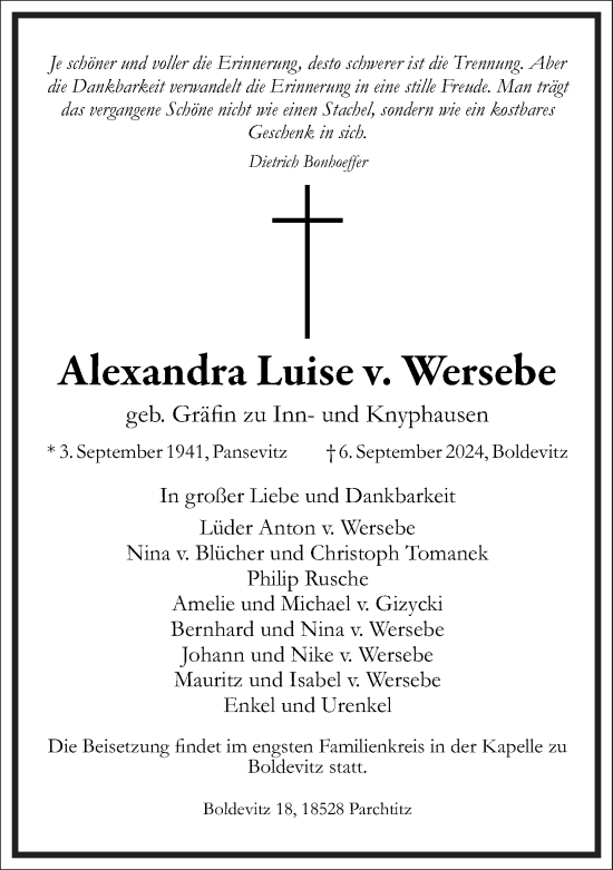 Traueranzeige von Alexandra  v. Wersebe von Frankfurter Allgemeine Zeitung