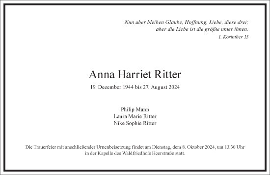 Traueranzeige von Anna  Ritter von Frankfurter Allgemeine Zeitung