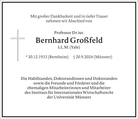 Traueranzeige von Bernhard Großfeld von Frankfurter Allgemeine Zeitung