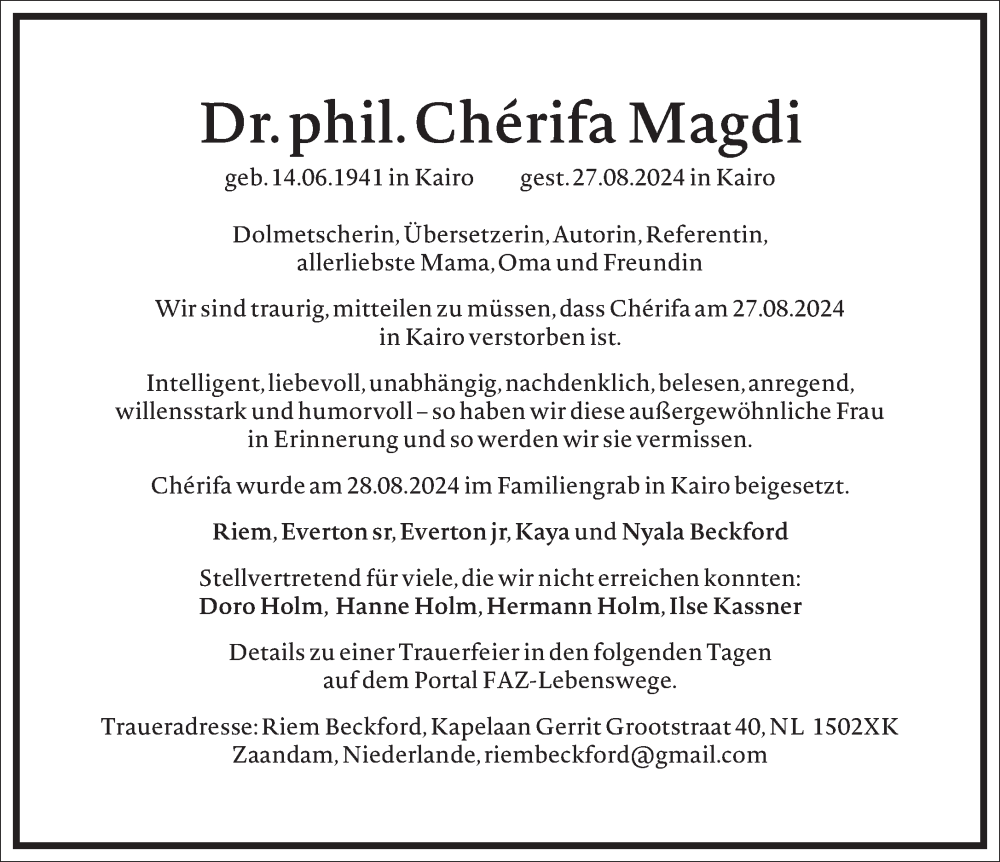  Traueranzeige für Cherifa Magdi vom 21.09.2024 aus Frankfurter Allgemeine Zeitung