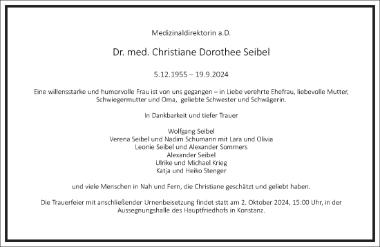 Traueranzeige von Christiane Dorothee Seibel von Frankfurter Allgemeine Zeitung