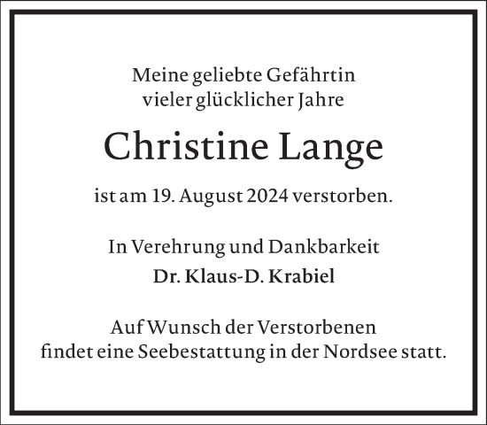 Traueranzeige von Christine Lange von Frankfurter Allgemeine Zeitung