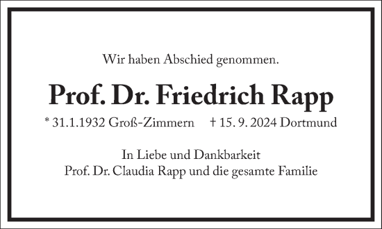 Traueranzeige von Friedrich Rapp von Frankfurter Allgemeine Zeitung