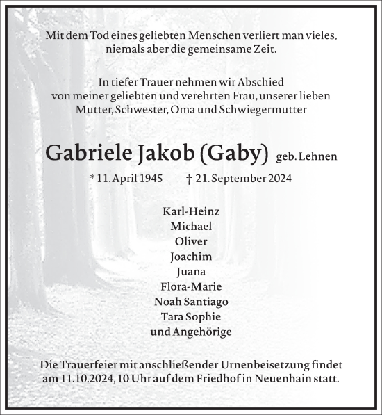 Traueranzeige von Gabriele Jakob von Frankfurter Allgemeine Zeitung