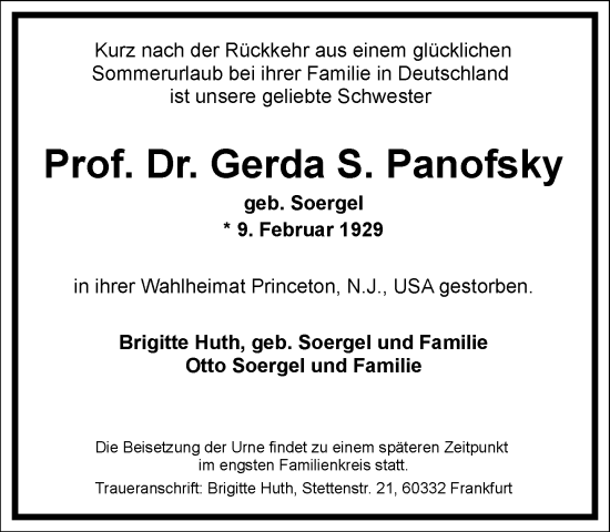 Traueranzeige von Gerda S. Panofsky von Frankfurter Allgemeine Zeitung