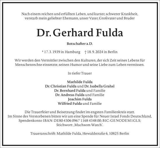 Traueranzeige von Gerhard Fulda von Frankfurter Allgemeine Zeitung