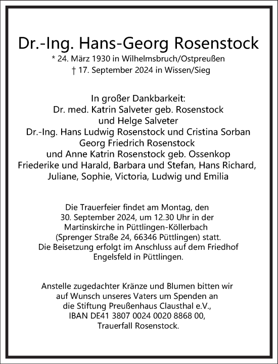 Traueranzeige von Hans-Georg Rosenstock von Frankfurter Allgemeine Zeitung